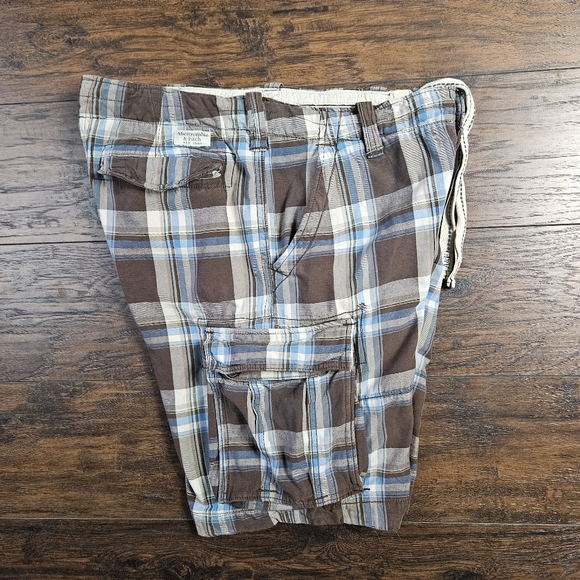 Y2K Abercrombie & Fitch Brown Blue Plaid Heavy Cotton Baggy Cargo Shorts Size 36 - Picture 3 of 10